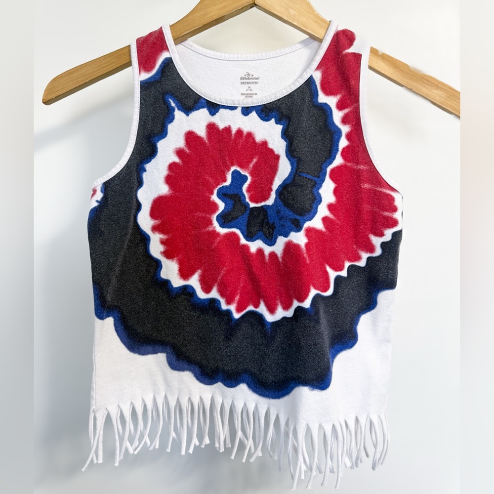 Way To Celebrate Girls Tie Dye Fringe Tank Red White Blue M 7-8 Cropped